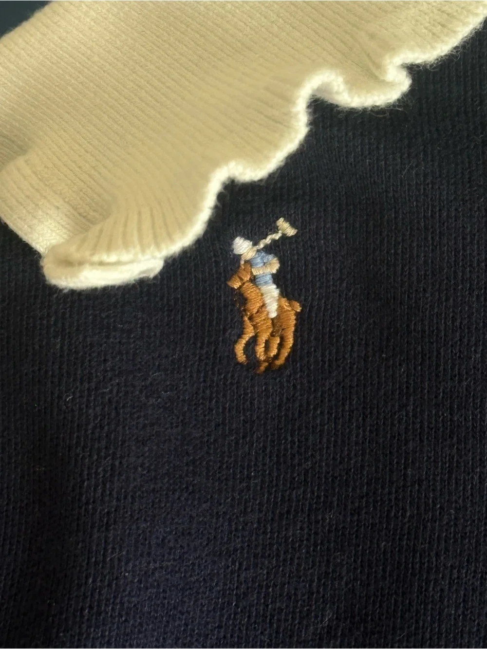 Ralph Lauren Navy Sweater with Cream Collar and Polo Pony Embroidery